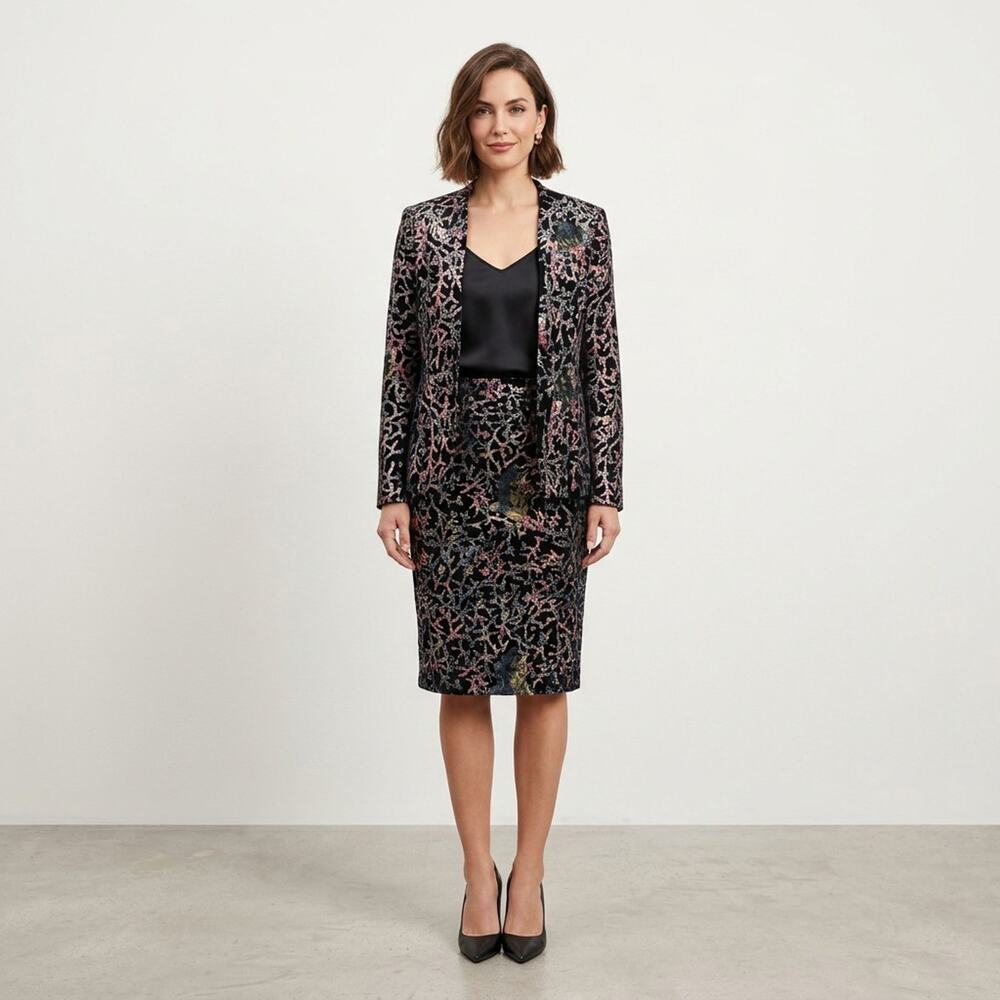Tahari Arthur Levine 2 Piece Skirt Suit Floral Velvet Black Sequined Size 4